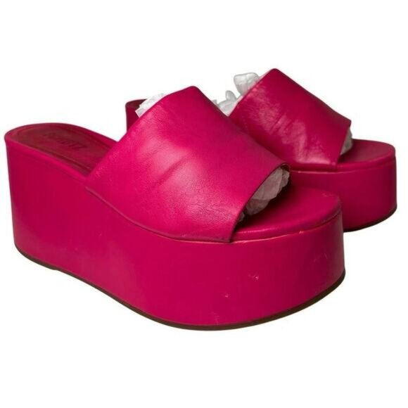 Schutz Hot Pink Leather Platform Wedge Sandals Sz 7.5 Barbie Y2K Chunky Festival - Picture 16 of 16